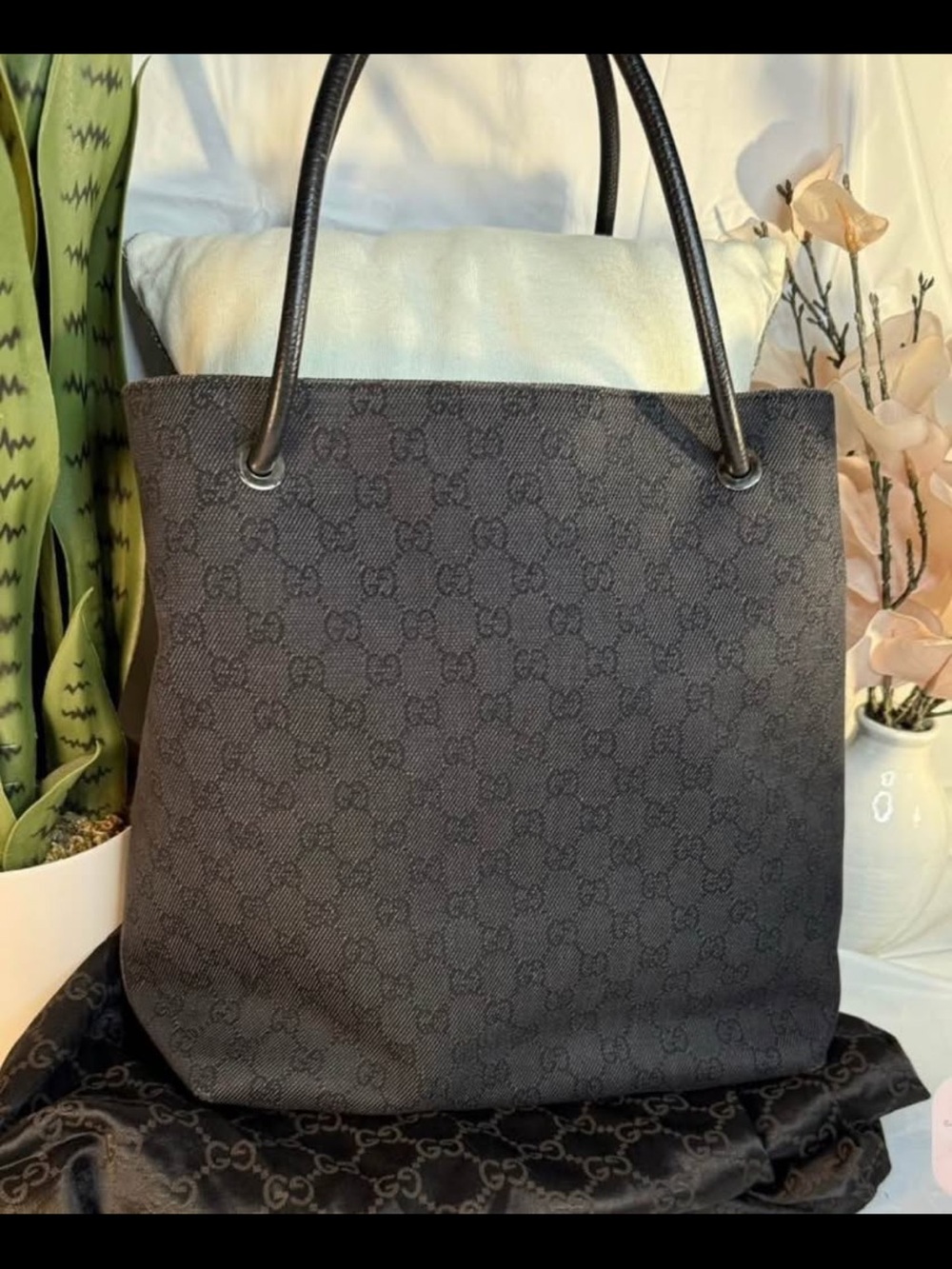 Gucci Black Monogram Tote with Leather Handles